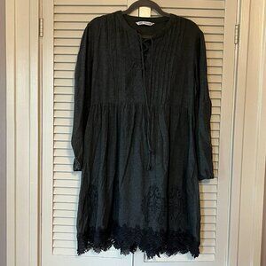 Zara women's tunic dress mini XL grey embroidered lace-up long sleeves
